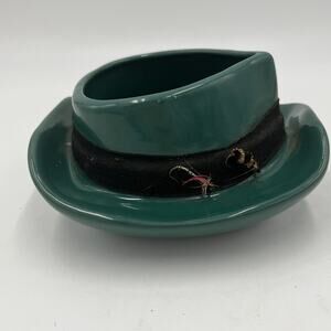 Vintage Fly Fisherman Ceramic Fedora Hat Decorative Planter Blue Green Japan
